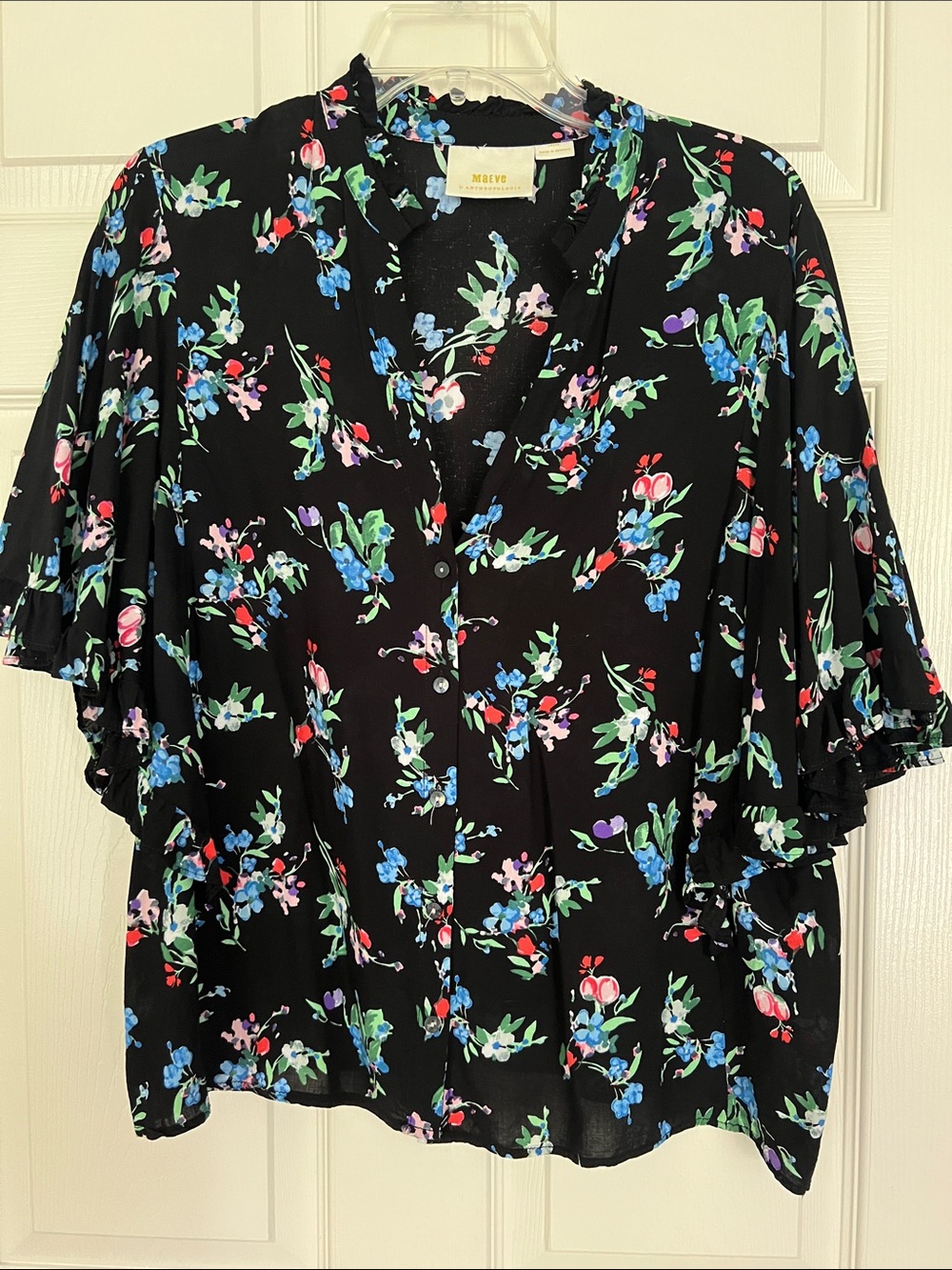 Maeve Black Floral Button-Front Blouse